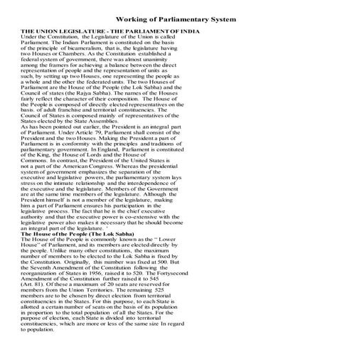Bjmc i, igp, unit-ii, Working of parliamentary system