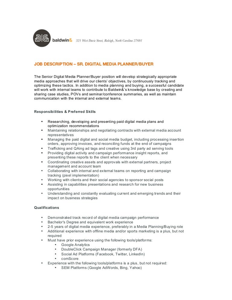 b job description sr digital media planner 5 27 digital media planner