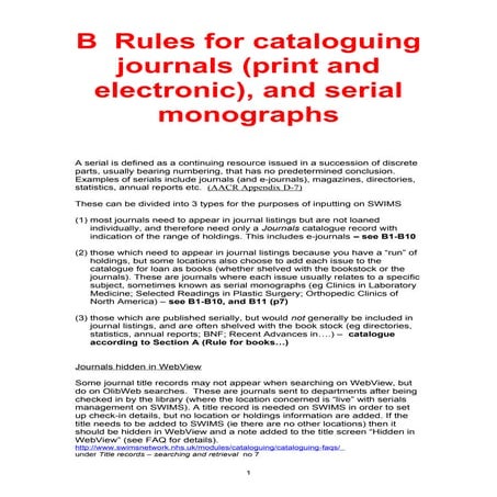 B  Rules for cataloguing journals (print and electronic), and serial monographs