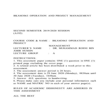 BKAM3063 OPERATION AND PROJECT MANAGEMENTSECOND SEMEST