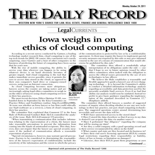 Iowa Weighs in on Ethics of Cloud Computing for Lawyers