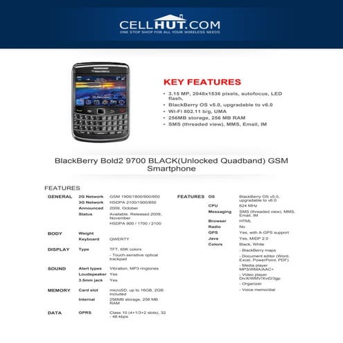 BlackBerry Bold2 9700 BLACK GSM Smartphone-features-specification-at cellhut