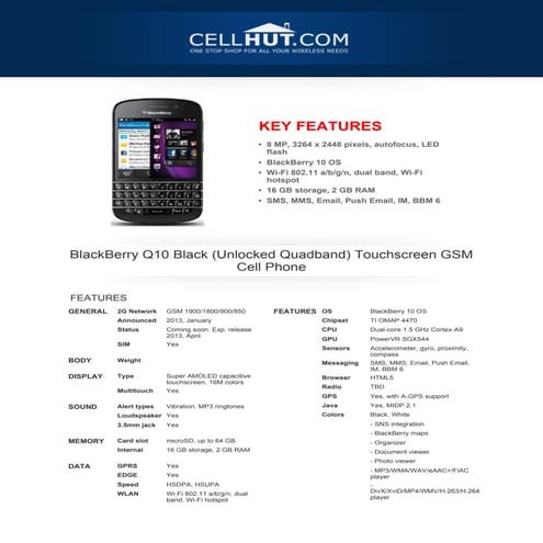 BlackBerry Q10 Black Touchscreen GSM Cell Phone-features-specification-at cellhut