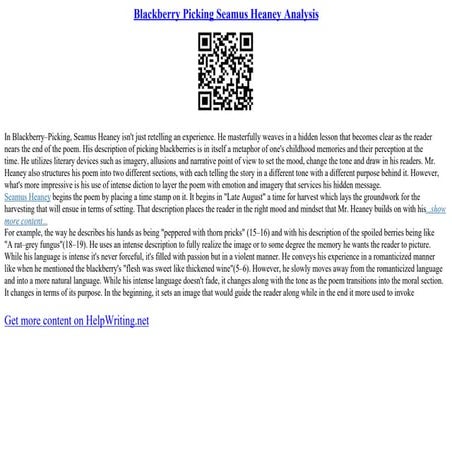 Blackberry Picking Seamus Heaney Analysis | PPT