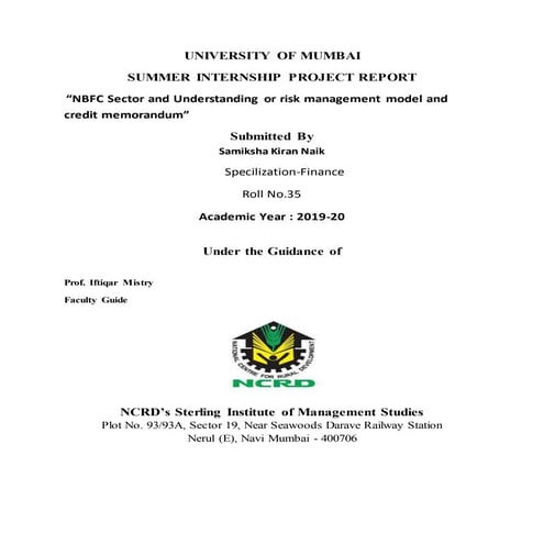NBFC Sector and understanding or risk management model credit memorandum