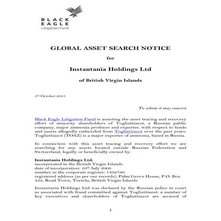 Black Eagle Litigation Fund - Global asset search notice re ...
