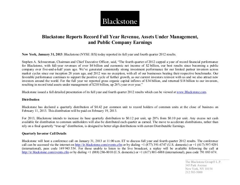 Blackstone Reports Record Full Year Revenue, Assets Under Management,…