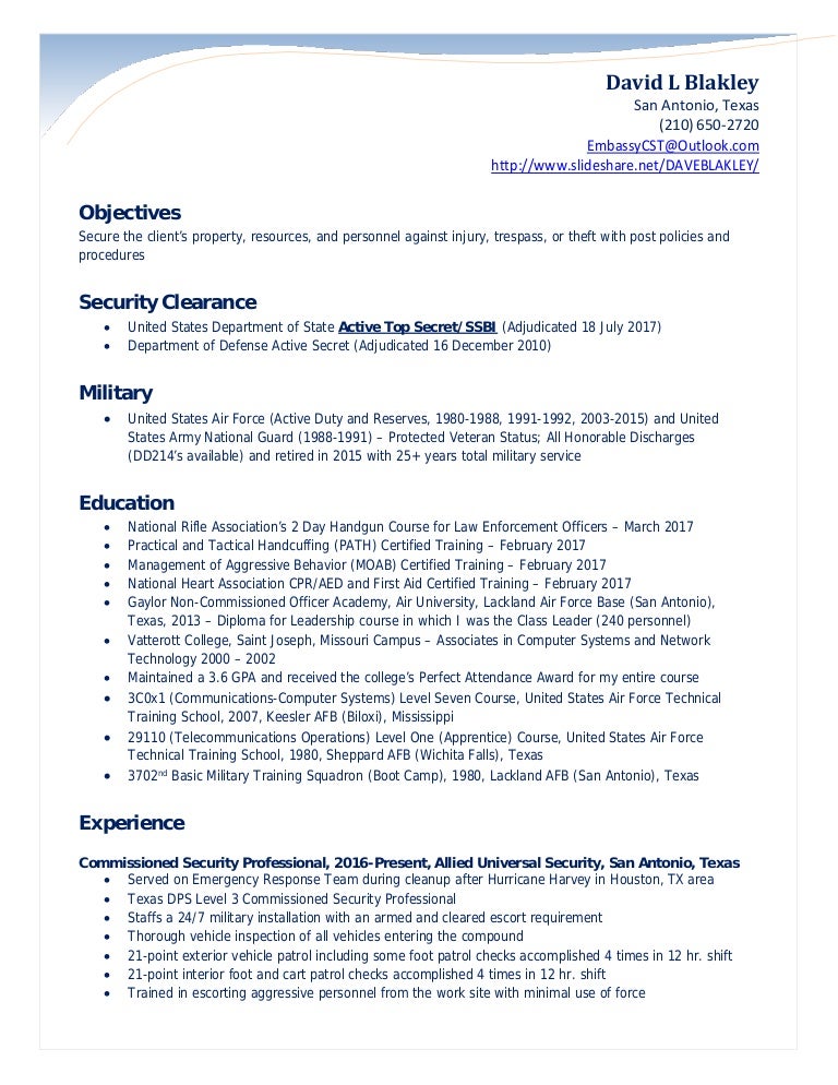 Blakley security officer resume - Blakley Securityofficerresume2017clearancesupdated 171028214859 Thumbnail 4 