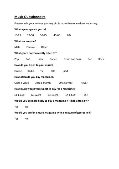 Questionnaires | PPTX | Contemporary Hits/Pop/Top 40 | Music