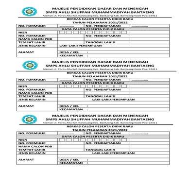 Blanko formulir PSB pada siswa smp ahlu shuffah muhammadiyah karatuang ...