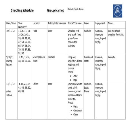 Blank shooting schedule | DOCX