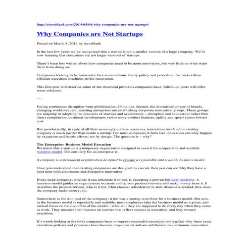 Blank Steve Why companies are not startups