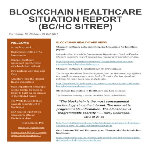 Blockchain Healthcare Situation Report (BC/HC SITREP) Volume 1 Issue 13, 25 S...