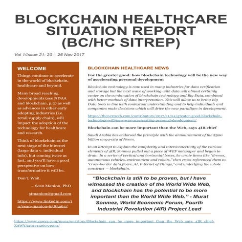 Blockchain Healthcare Situation Report (BC/HC SITREP) Volume 1 Issue 21, 20 -...