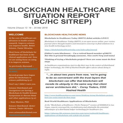 Blockchain Healthcare Situation Report (BC/HC SITREP) Volume 2 Issue 12, 19 -...