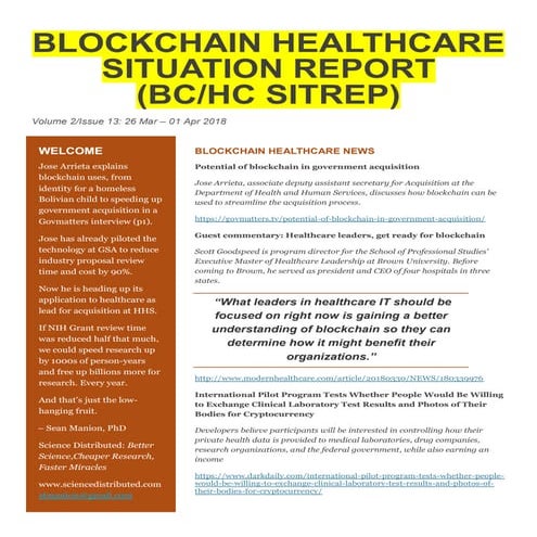 Blockchain Healthcare Situation Report (BC/HC SITREP) Volume 2 Issue 13, 26 M...