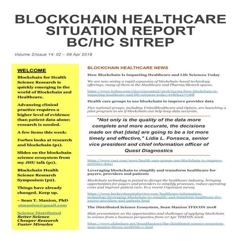 Blockchain Healthcare Situation Report (BC/HC SITREP) Volume 2 Issue 14, 02 -...