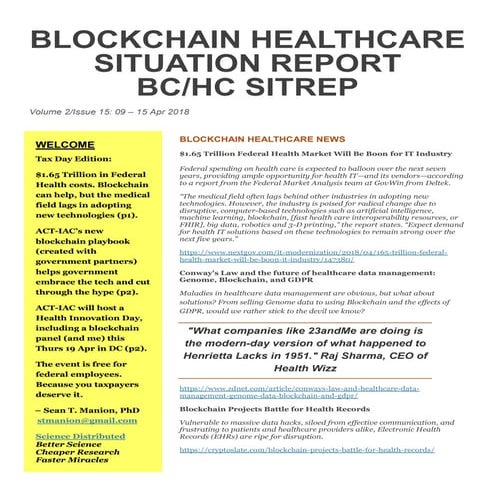 Blockchain Healthcare Situation Report (BC/HC SITREP) Volume 2 Issue 15, 09 -...