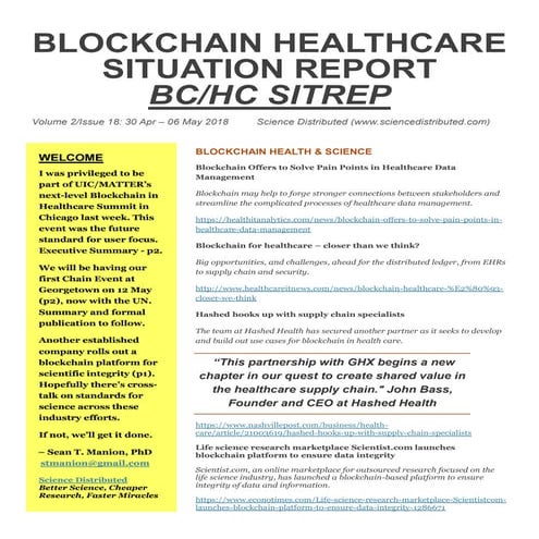 Blockchain Healthcare Situation Report (BC/HC SITREP) Volume 2 Issue 18, 30 A...