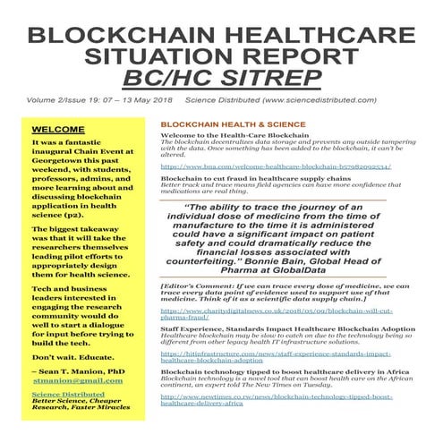 Blockchain Healthcare Situation Report (BC/HC SITREP) Volume 2 Issue 19, 07 -...