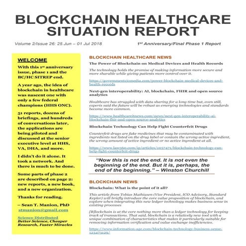 Blockchain Healthcare Situation Report (BC/HC SITREP) Volume 2 Issue 26, 25 J...