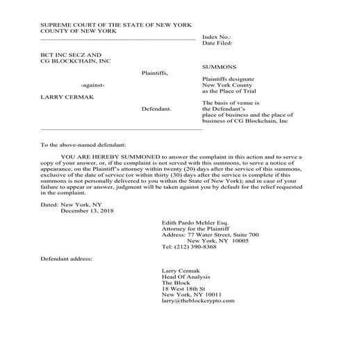 Blockchain Terminal summons and complaint
