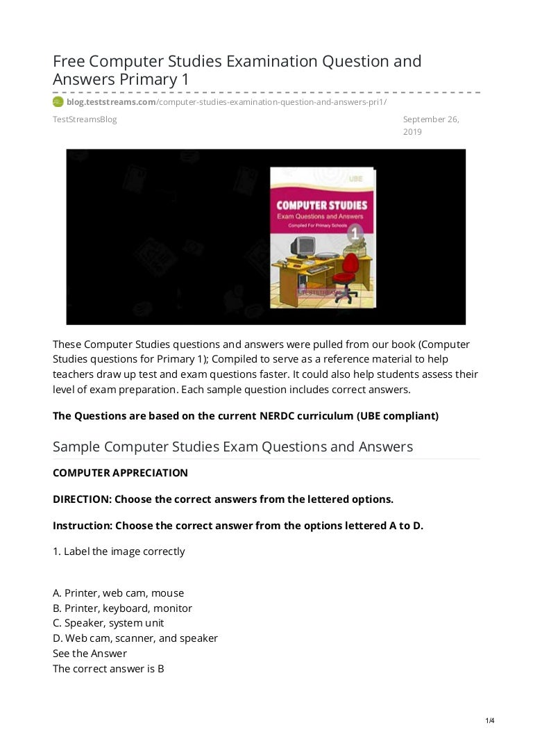 free computer studies examination question and answers primary 1