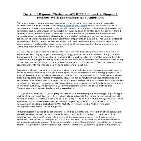 Dr Sunil Kapoor Bhopal - Chairman of the RKDF University | PDF