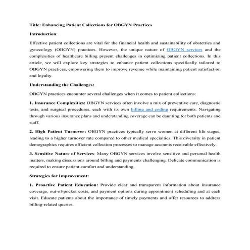 Enhancing Patient Collections for OBGYN Practices