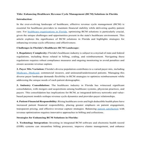 Enhancing Healthcare Revenue Cycle Management (RCM) Solutions in Florida