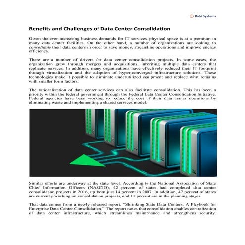 Benefits and Challenges of Data Center Consolidation