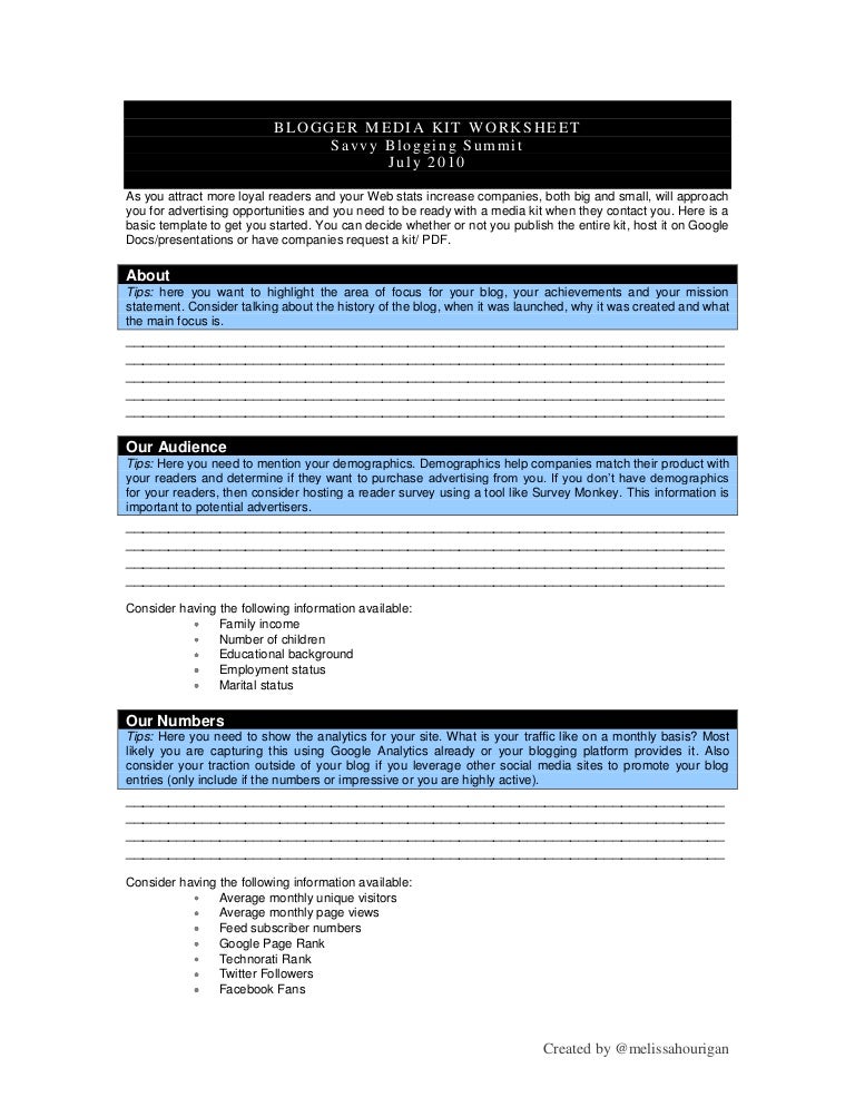 Blogger media kit worksheet