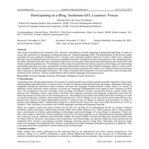 Participating in a Blog: Jordanian EFL Learners' Voices