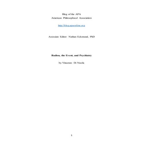 "Badiou, the Event, and Psychiatry. Part I: Trauma and Event" - Di Nicola - A...