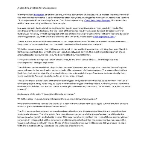 Smithsonian Associates "Shakespeare 450" Blog Coverage