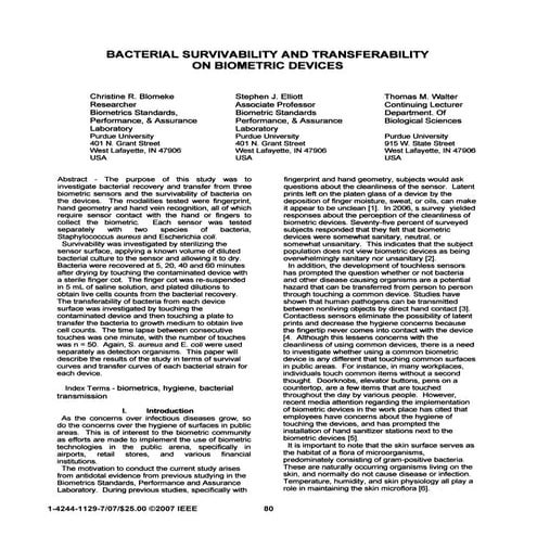 (2007) Bacterial Survivability and Transferability on Biometric Devices