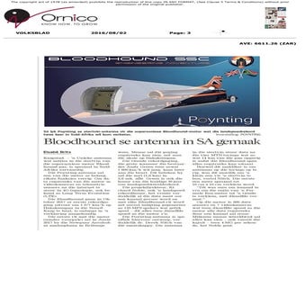 Bloodhound se antenna in Suid-Afrika gemaak - artikel in Die Volksblad