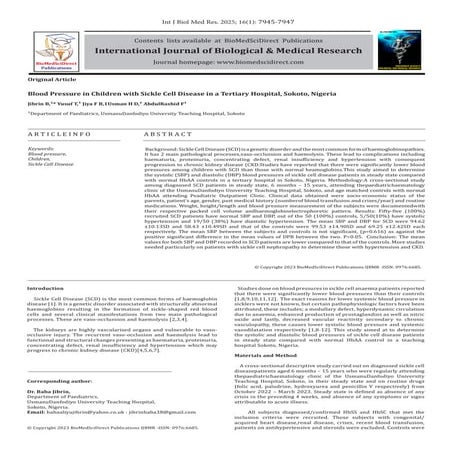 Blood Pressure in Children with Sickle Cell Disease in a Tertiary ...