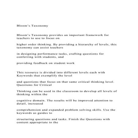 Bloom’s Taxonomy  Bloom’s Taxonomy provides an important.docx