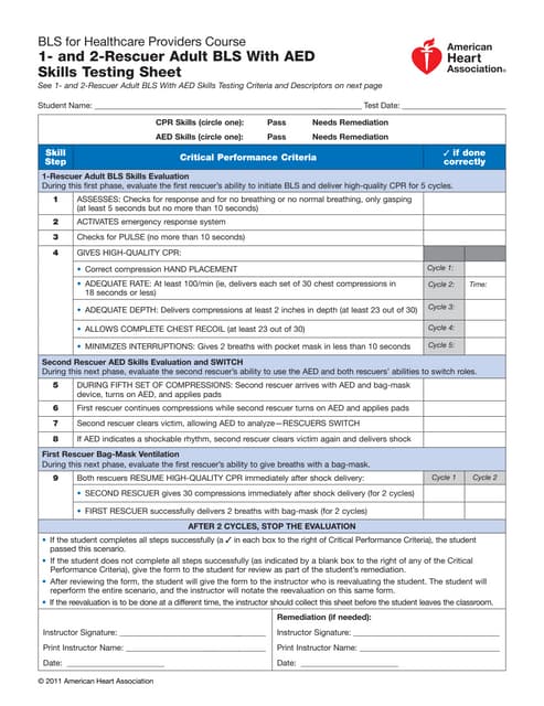 bls 1 2 rescuer adult cpr and aed skills test sheet 2010 guidelines american heart association cpr skills sheet
