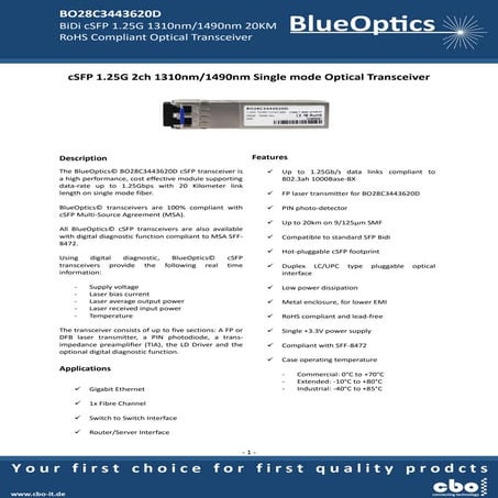 Blueoptics bo28c3443620d 1000base-2bx-u csfp dual bidi transceiver 20km singl...