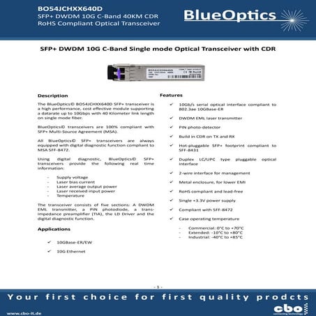 Blue optics bo54jchxx640d 10gbase-dwdm cdr sfp+ transceiver c-band 40km singl...