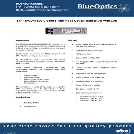 Blueoptics bo54jchxx680d 10gbase-dwdm cdr sfp+ transceiver c-band 80km single...
