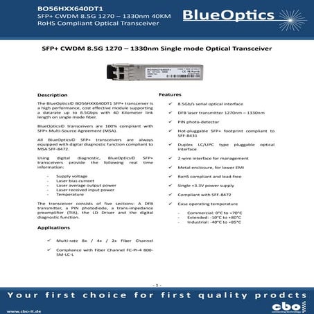 Blueoptics bo56hxx640dt1 2-4-8gbase-cwdm sfp+ transceiver 1271nm - 1331nm 40k...