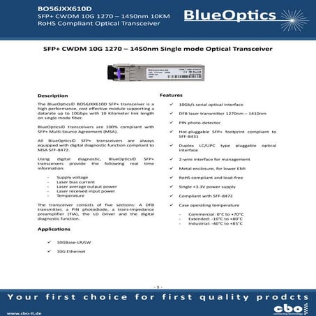 Blueoptics bo56jxx610d 10gbase-cwdm sfp+ transceiver 10km singlemode lc duple...