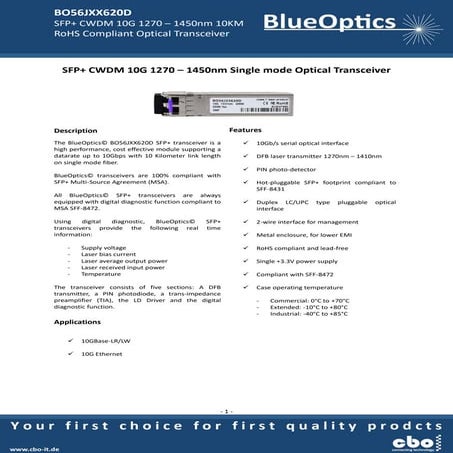Blueoptics bo56jxx620d 10gbase-cwdm sfp+ transceiver 20km singlemode lc duple...