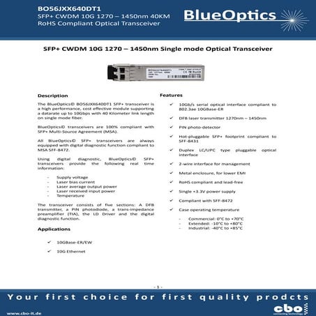 Blueoptics bo56jxx640dt1 10gbase-cwdm sfp+ transceiver 40km singlemode lc dup...