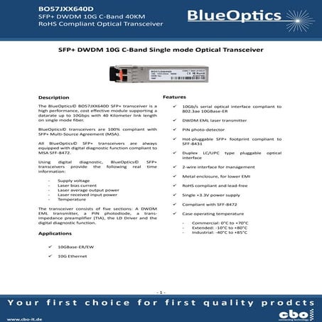 Blueoptics bo57jxx640d 10gbase dwdm sfp+ transceiver 40km singlemode lc duple...