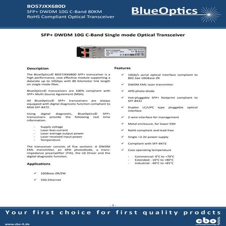 BlueOptics BO57JXX680D 10GBASE DWDM SFP+ Transceiver 80KM Singlemode LC Duple...