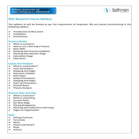 Blueprism Training Course Syllabus - Softlogic Systems